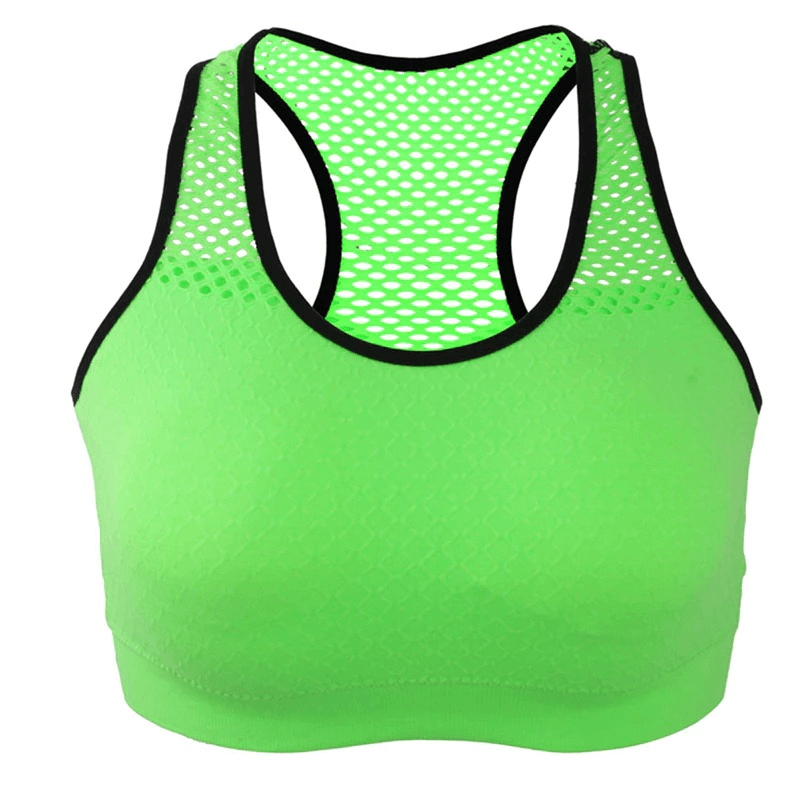 Bright green women's seamless yoga top with black trim, featuring a breathable mesh design. Perfect for active wear and quick drying.